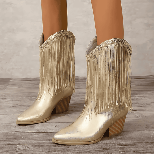 Donna - Stivali da cowboy a metà polpaccio - Design con paillettes e frange