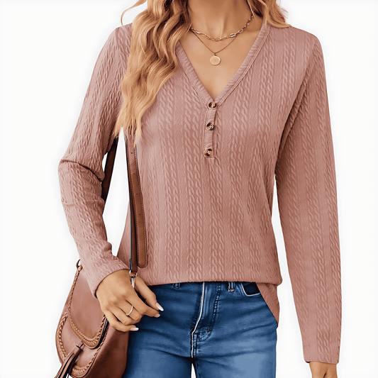 Donna - Top con scollo a V e manica lunga - Maglia a cavi
