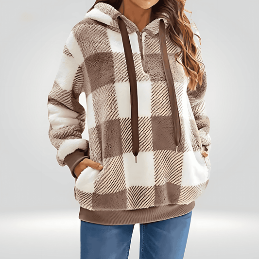 Donna - Felpa con cappuccio a quadri con mezza zip - Stile Accogliente