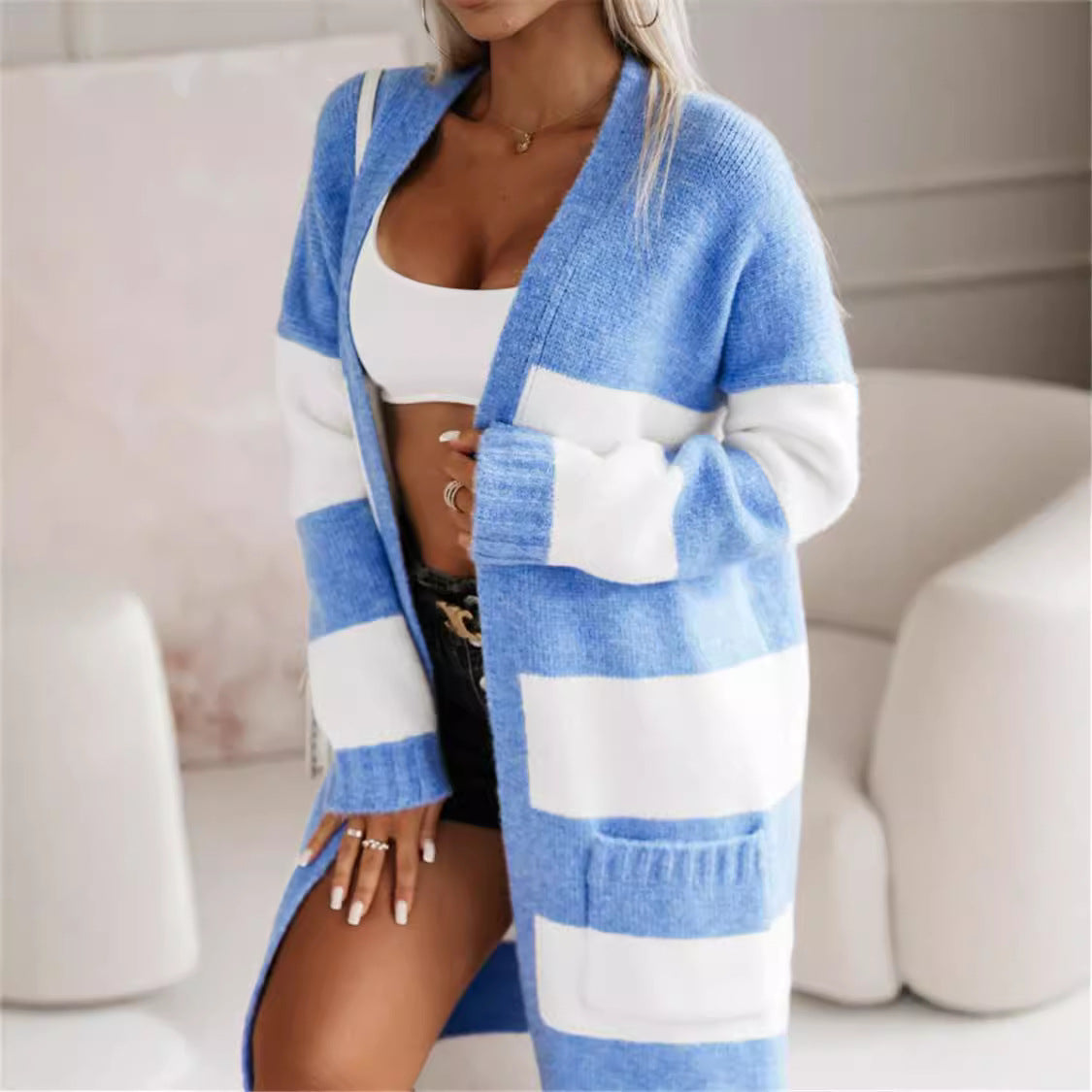 Donna - Cappotto in maglia alla moda - A strisce in grassetto