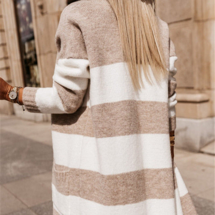 Donna - Cappotto in maglia alla moda - A strisce in grassetto
