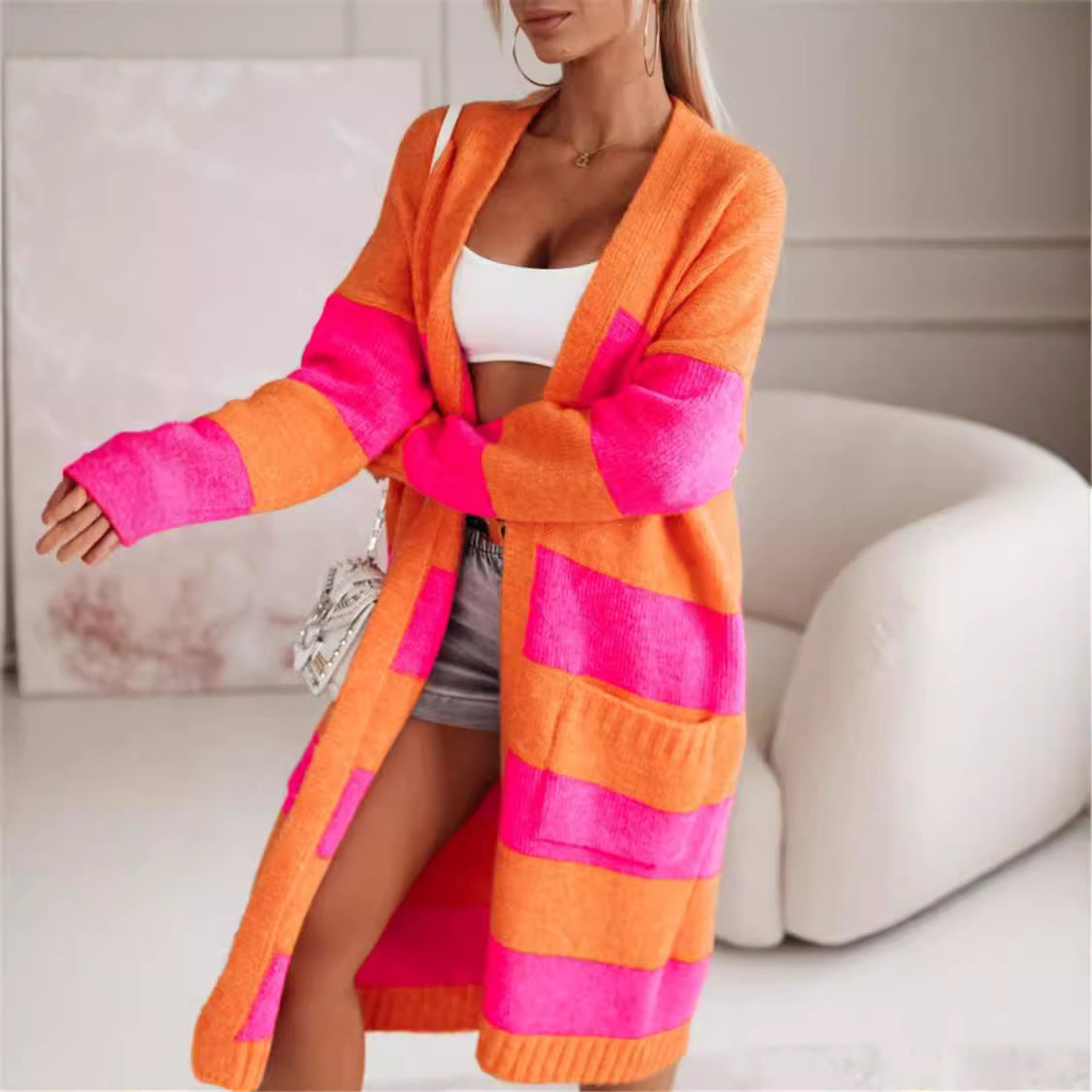 Donna - Cappotto in maglia alla moda - A strisce in grassetto