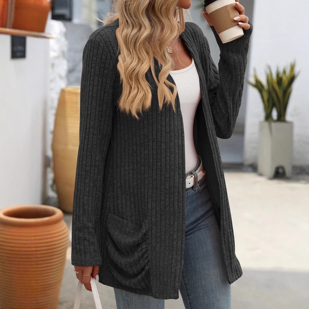 Donna - Cardigan elegante a coste con tasche