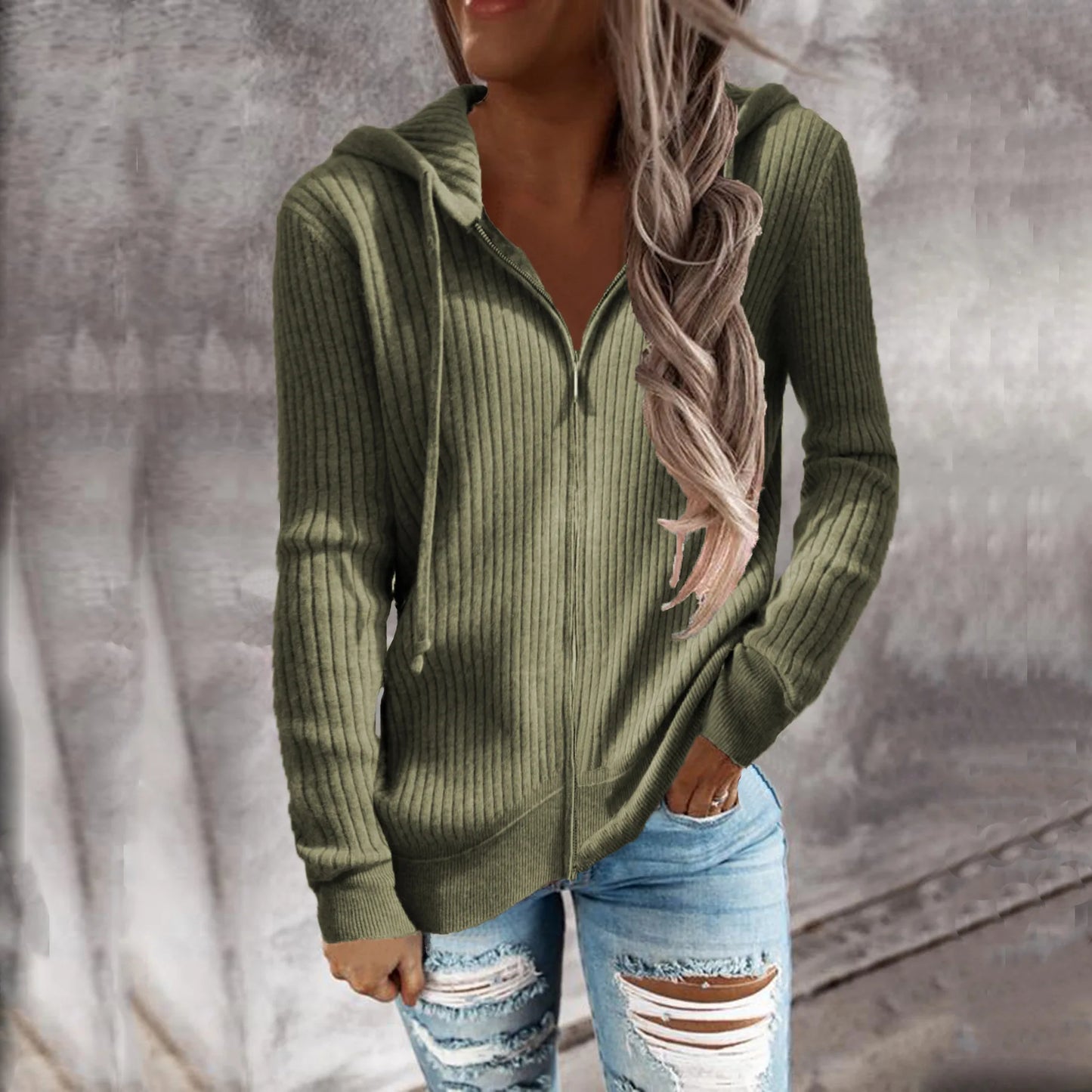 Donna - Felpa invernale con cappuccio e zip - Stile accogliente