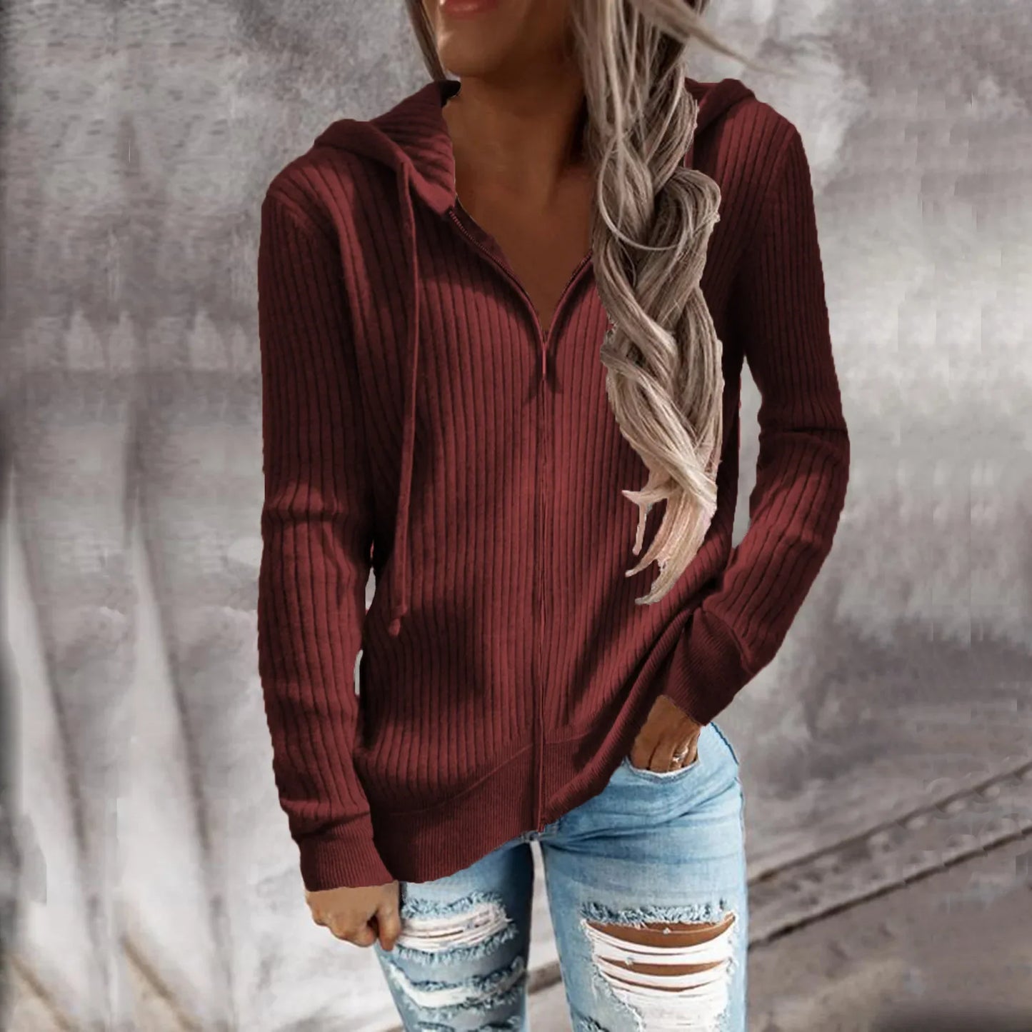 Donna - Felpa invernale con cappuccio e zip - Stile accogliente
