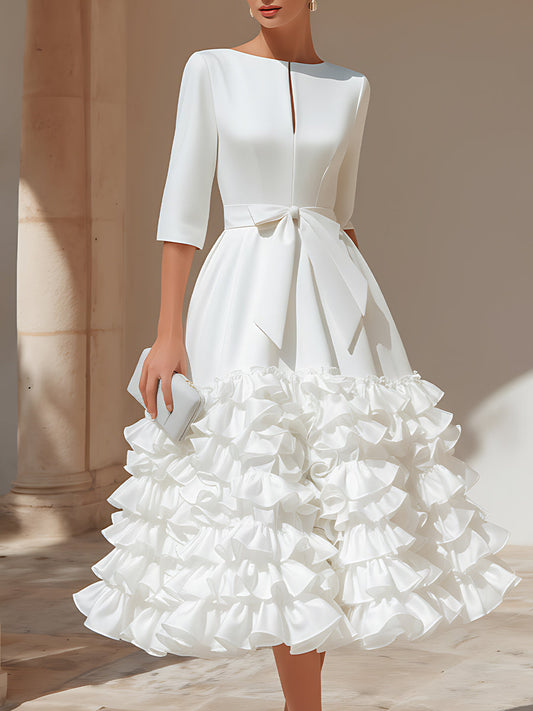 Abito Midi Scollo a Barchetta – Con Cintura e Orlo a Righe, Adatto per Primavera e Estate