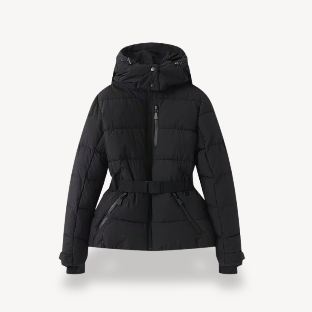 Donna - Giacca Puffer con cappuccio e cintura - Stile accogliente
